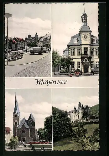 AK Mayen /Eifel, Strassenpartie mit Autos, Rathaus, Kirche