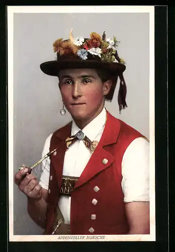 AK Appenzeller Bursche in Tracht mit Tabakspfeife