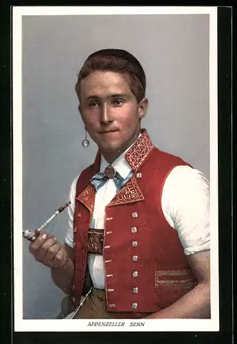 AK Appenzeller Senn in Tracht mit Tabakspfeife