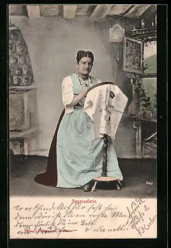 AK Appenzellerin in Tracht mit Stickrahmen