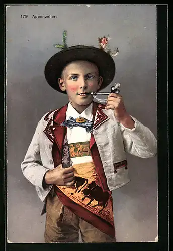 AK Appenzeller Junge in Tracht mit Tabakspfeife