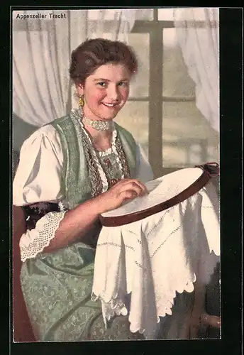 AK Junge Frau in Appenzeller Tracht beim Sticken