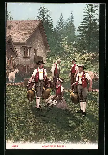 AK Appenzeller Sennen in Tracht mit Glocken und Ziege