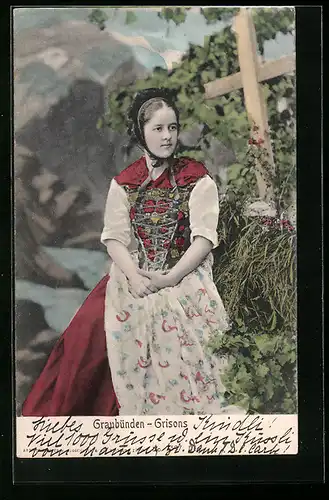 AK Graubünden, Junge Frau in Schweizer Tracht