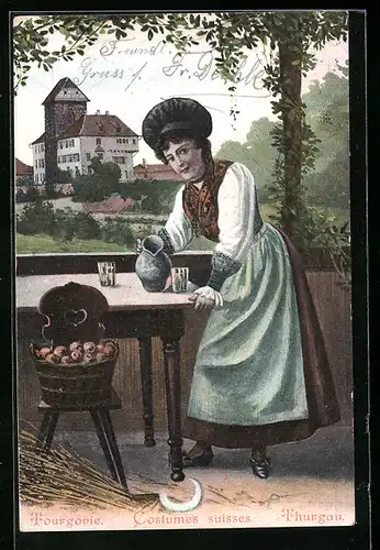 AK Thurgau, Frau in Schweizertracht mit Krug am Tisch