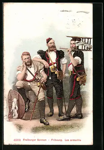 AK Freiburger Sennen in Tracht mit Tabakspfeife