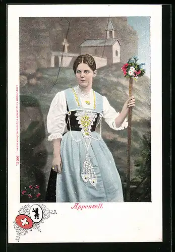 AK Appenzell, Schweizerin in Tracht, Im Hintergrund Kapelle