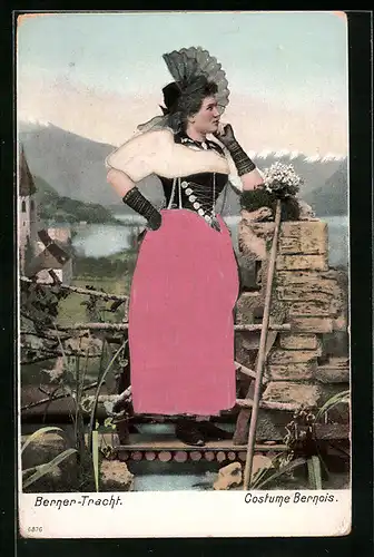 Präge-AK Junge Frau in Berner-Tracht mit aufgestütztem Kopf