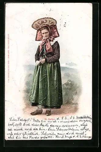 AK St. Gallen, Frau in Schweizertracht