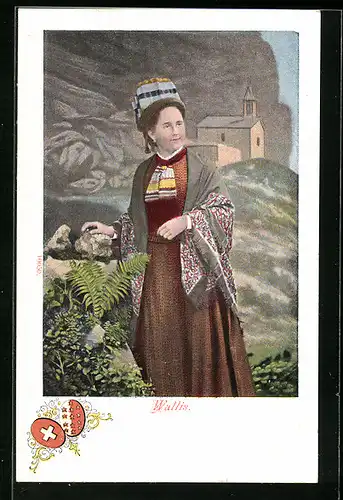 AK Wallis, Frau in Tracht, Im Hintergrund Kapelle