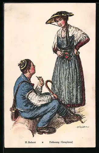 Künstler-AK Gruyères, Mann und Frau in Trachtenkleidung