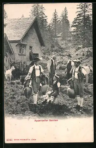 AK Gruppe von Appenzeller Sennen mit Glocken und Ziege