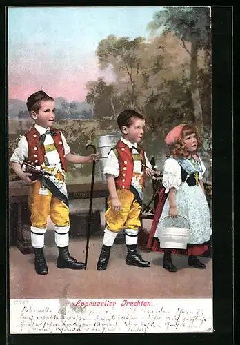 AK Zwei Knaben und ein Mädchen in Appenzeller Trachten