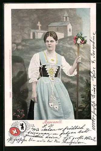 AK Junge Dame in Appenzeller Tracht vor einem Kirchlein, Wappen