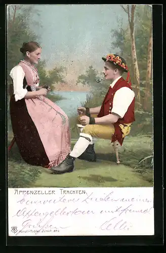 AK Junges Paar in Appenzeller Trachten beim Wolle aufwickeln