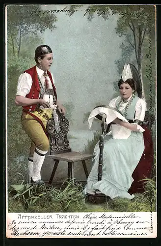 AK Junges Paar in Appenzeller Trachten mit Stickrahmen