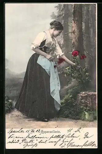AK Junge Frau in Appenzeller Tracht mit Blumen