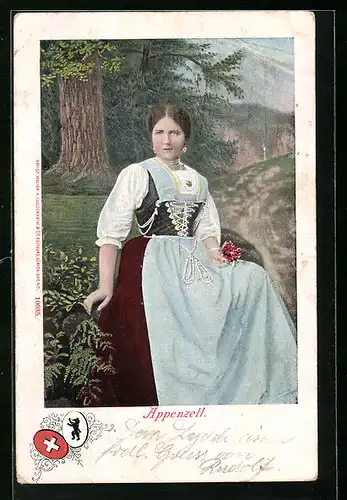 AK Junge Frau in Appenzeller Tracht, Wappen