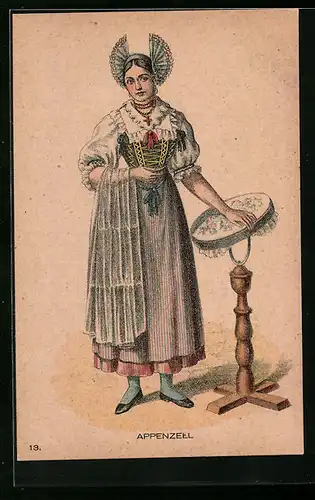 AK Junge Dame in Appenzeller Tracht neben einem Stickrahmen