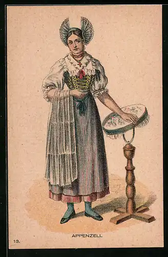 AK Junge Frau in Appenzeller Tracht mit Stickrahmen