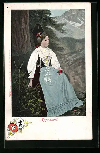 AK Junge Frau in Appenzeller Tracht vor Bergkulisse, Wappen