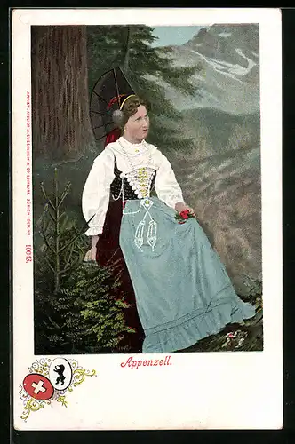 AK Junge Frau in Appenzeller Tracht mit schwarzer Haube vor Bergkulisse, Wappen