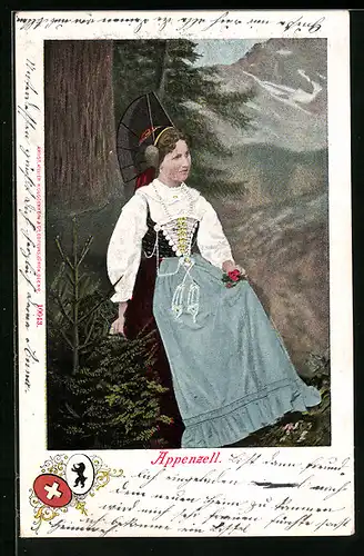 AK Junge Appenzellerin in Tracht vor Bergkulisse, Wappen