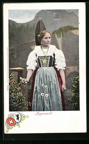 AK Junge Appenzellerin vor Bergkulisse, Wappen