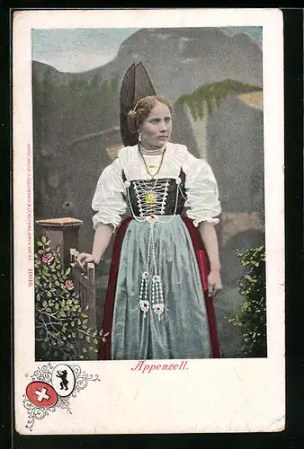 AK Junge Appenzellerin in Tracht mit schwarzer Fächer-Haube, Wappen