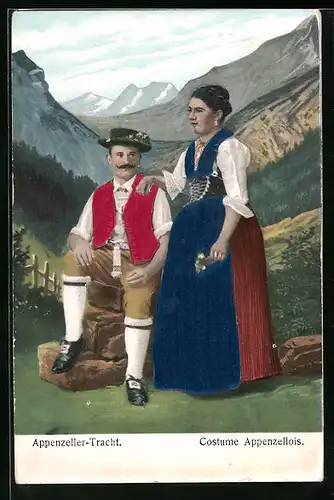 Präge-AK Junges Paar in Appenzeller Tracht vor Bergkulisse