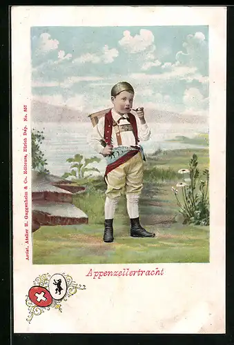 AK Knabe in Appenzeller Tracht mit Kiepe und Pfeife, Wappen
