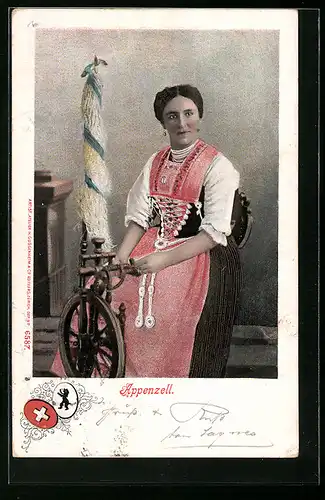 AK Frau in Appenzeller Tracht am Spinnrad, Wappen