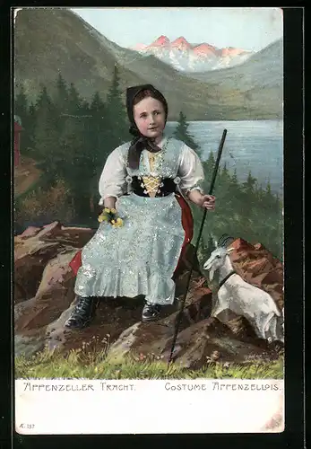 Präge-AK Kleines Mädchen mit Zicklein in Appenzeller Tracht