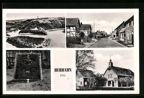 AK Herhahn /Eifel, Strassenpartie mit Fachwerkhäusern, Kirche, Denkmal