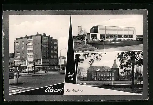 AK Alsdorf /Kr. Aachen, Stadtbad, Hochhaus, Burg