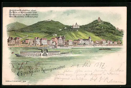 Lithographie Königswinter, Ortsansicht mit Dampfer