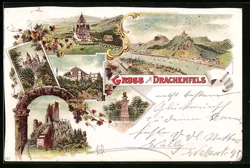 Lithographie Drachenfels, Ortsansicht, Burgen, Denkmal