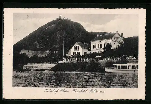 AK Rhöndorf /Rh., Rheinhotel Belle-vue mit Dampfer und Burg