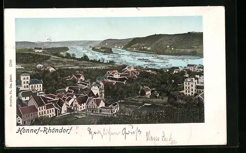 AK Honnef-Rhöndorf, Ortsansicht mit Rhein, mit leuchtenden Fenstern