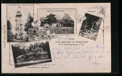 AK Trechtingshausen a. Rh., Unterkunftshalle Waldhaus, Jägerhaus Adolf Krebs, Ernst-Ludwig-Turm auf dem Salzkopf