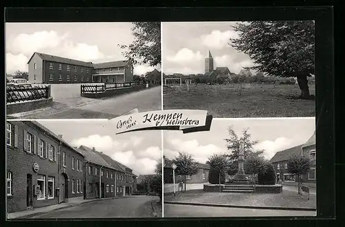 AK Kempen b. Heinsberg, Strassenpartie mit Geschäften, Ortspartie mit Kühen, Denkmal