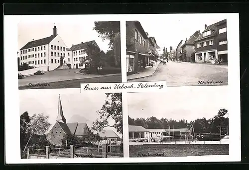 AK Uebach-Palenberg, Kirchstrasse mit Geschäften, Schwimmbad, Rathaus