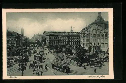 AK Berlin, Alexanderplatz mit Lehrer Flatauer Handelsschule und Strassenbahn