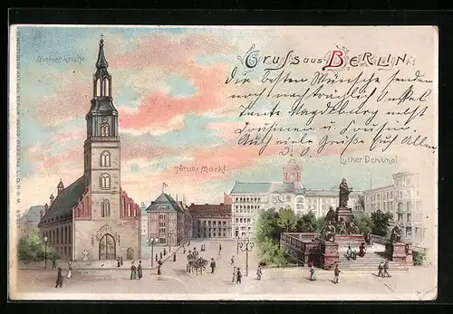 Lithographie Berlin, Neuer Markt mit Mairenkirche und Luther-Denkmal