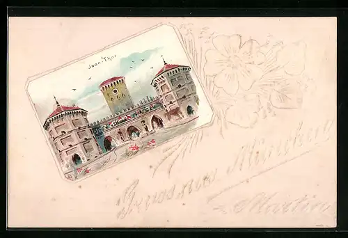 Papierkunst-AK München, Isar-Tor, Blumen