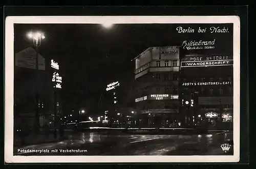 AK Berlin, Potsdamerplatz mit Verkehrsturm bei Nacht