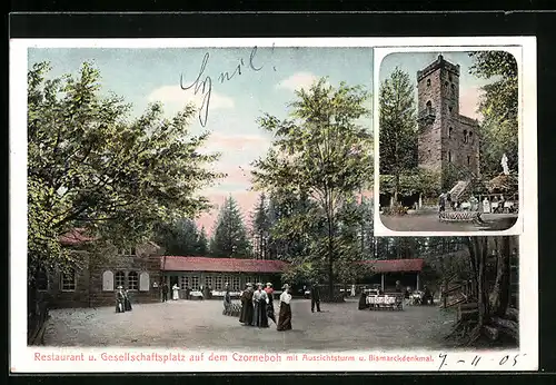 AK Czorneboh, Restaurant u. Gesellschaftsplatz mit Aussichtsturm u. Bismarckdenkmal