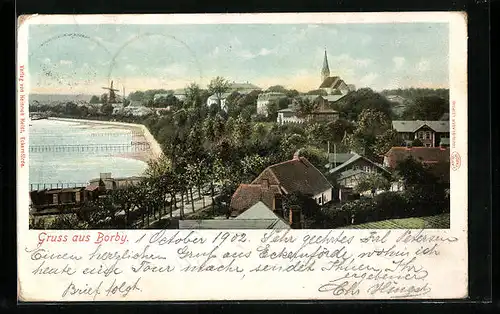 AK Borby, Ortsansicht mit Kirche und Mühle