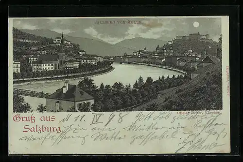 Mondschein-Lithographie Salzburg, Blick von Mülln