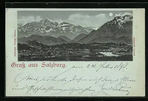 Mondschein-Lithographie Salzburg, Teilansicht mit Bergen